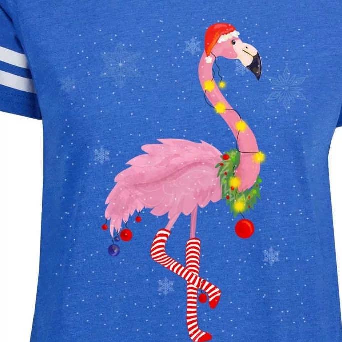 Cute Pink Flamingo With Snow Lights And Santa Hat Christmas Cute Gift Enza Ladies Jersey Football T-Shirt