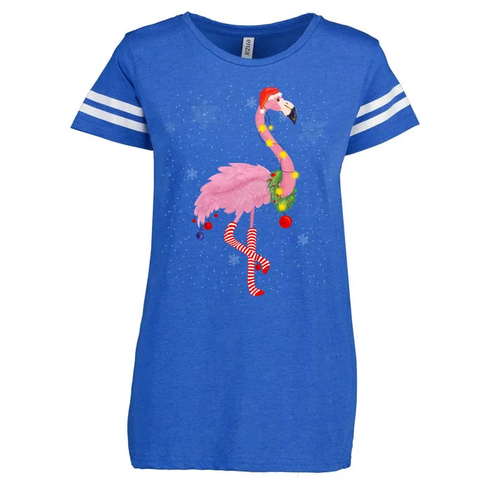 Cute Pink Flamingo With Snow Lights And Santa Hat Christmas Cute Gift Enza Ladies Jersey Football T-Shirt