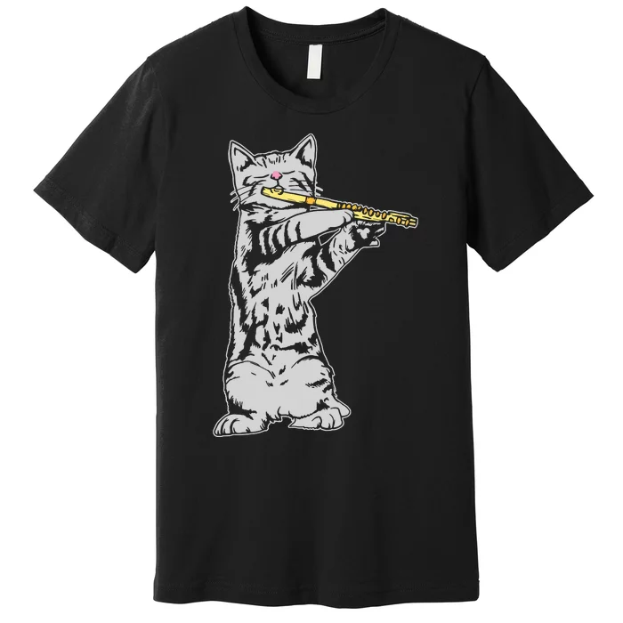 Cat Playing Flute Cool Musician Marching Band Premium T-Shirt