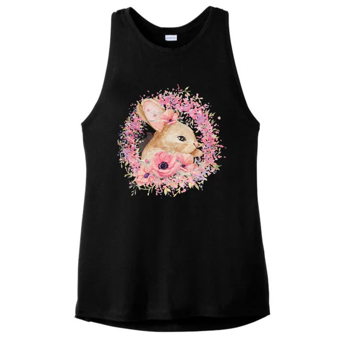 Cute Pink Floral Easter Bunny Ladies Tri-Blend Wicking Tank