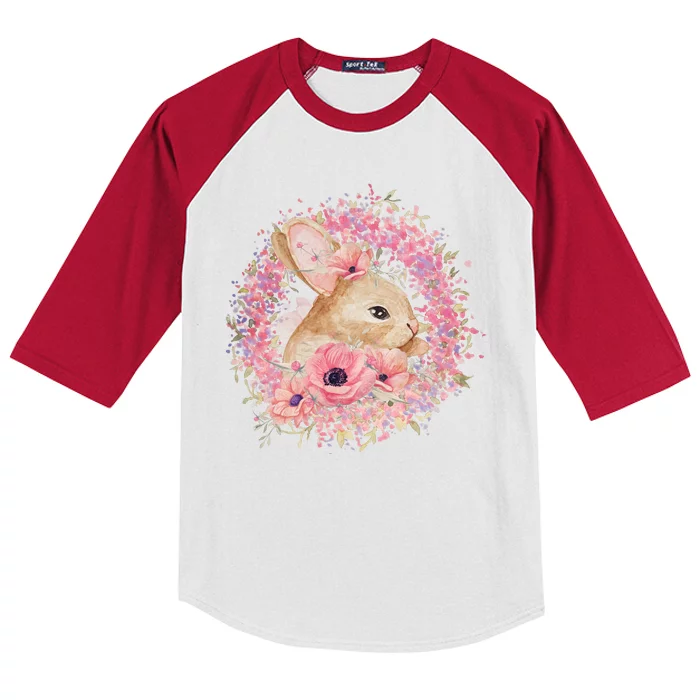 Cute Pink Floral Easter Bunny Kids Colorblock Raglan Jersey