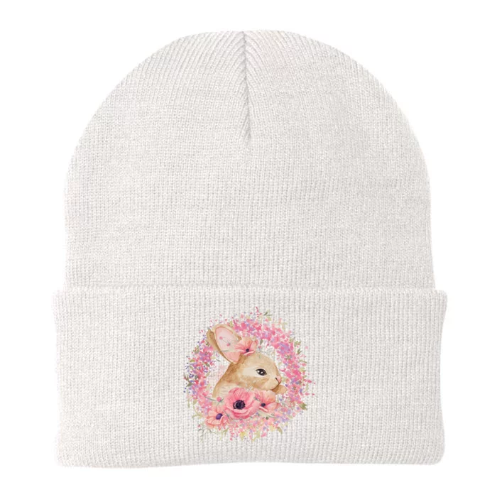 Cute Pink Floral Easter Bunny Knit Cap Winter Beanie