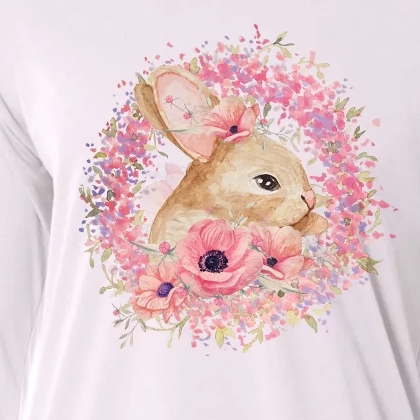 Cute Pink Floral Easter Bunny Cooling Performance Long Sleeve Crew