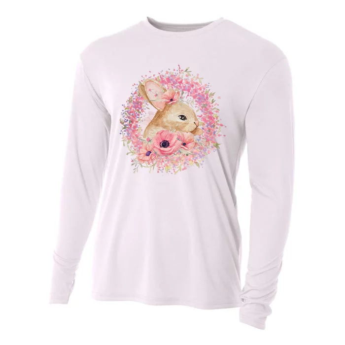 Cute Pink Floral Easter Bunny Cooling Performance Long Sleeve Crew