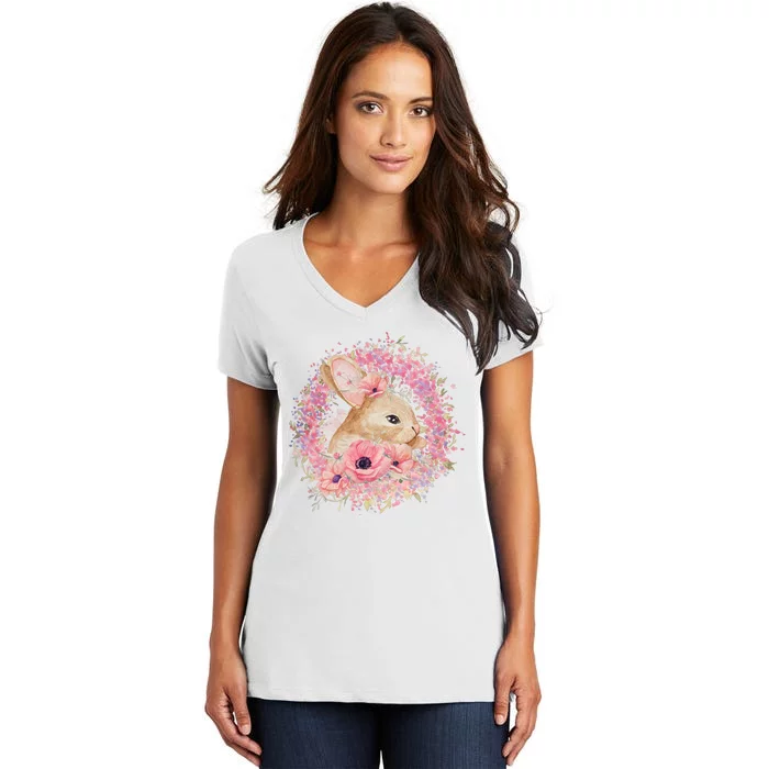 Cute Pink Floral Easter Bunny Women's V-Neck T-Shirt