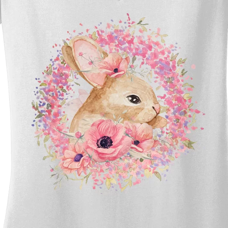 Cute Pink Floral Easter Bunny Women's V-Neck T-Shirt