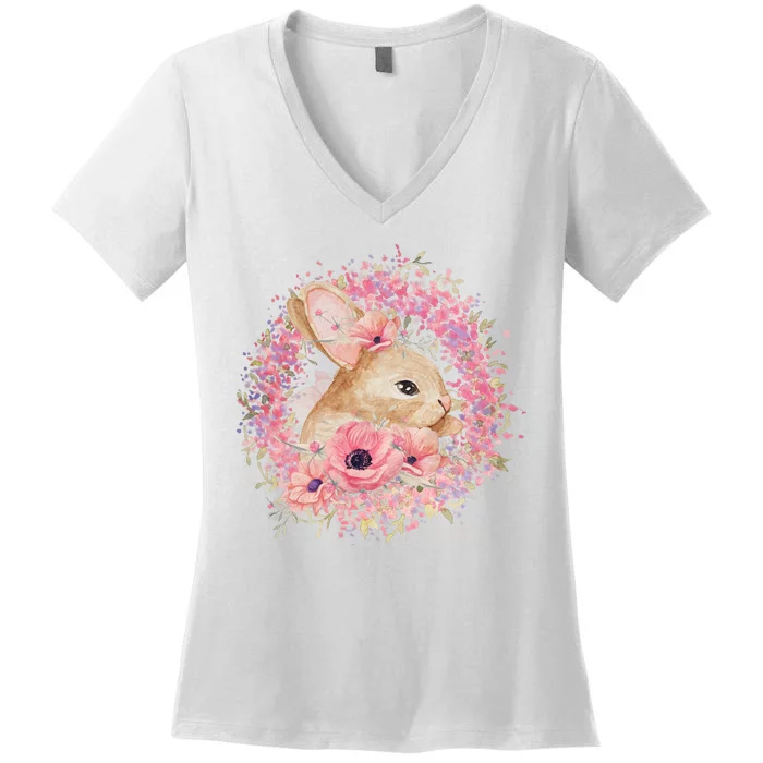 Cute Pink Floral Easter Bunny Women's V-Neck T-Shirt