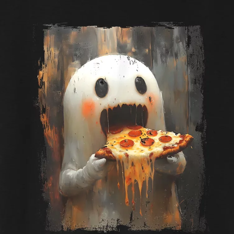 Cute Pizza Ghost Eating Pizza Funny Halloween Food Lovers Women's Crop Top Tee