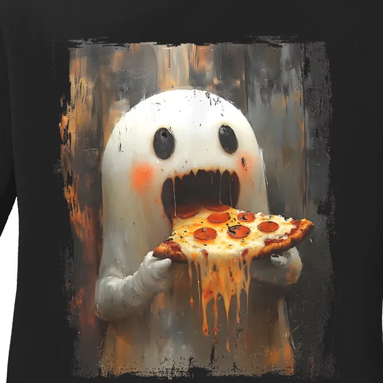 Cute Pizza Ghost Eating Pizza Funny Halloween Food Lovers Ladies Long Sleeve Shirt