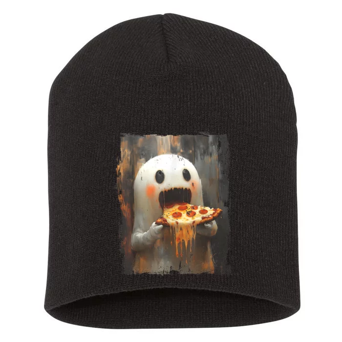 Cute Pizza Ghost Eating Pizza Funny Halloween Food Lovers Short Acrylic Beanie