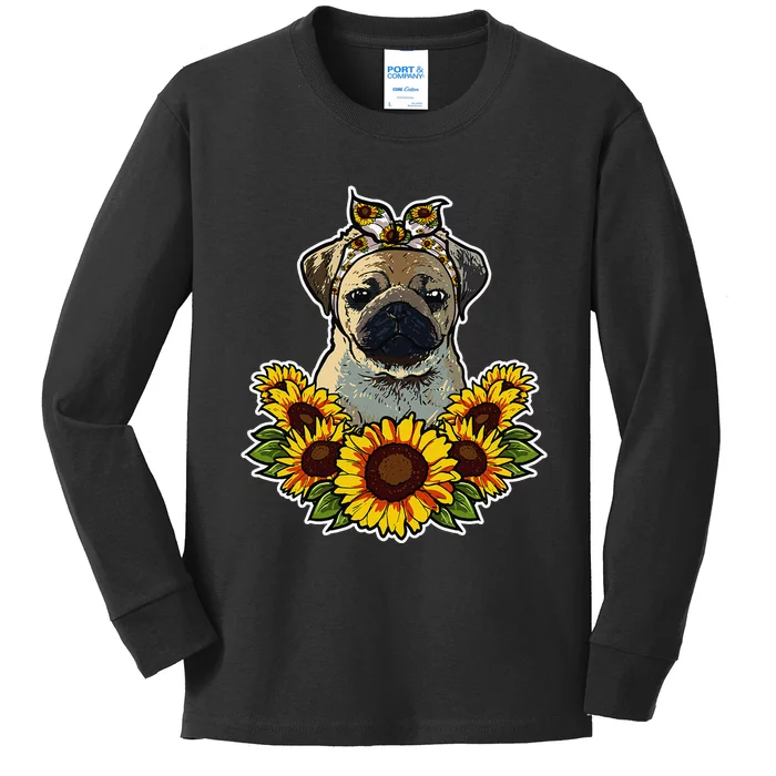 Cute Pug Gift Sunflower Decor Pug Dog Kids Long Sleeve Shirt