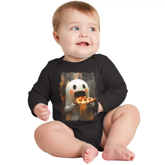 Cute Pizza Ghost Eating Pizza Funny Halloween Food Lovers Gift Baby Long Sleeve Bodysuit