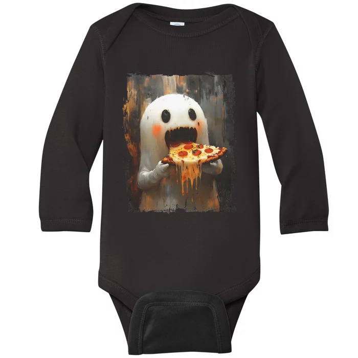 Cute Pizza Ghost Eating Pizza Funny Halloween Food Lovers Gift Baby Long Sleeve Bodysuit