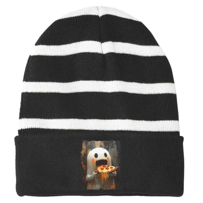 Cute Pizza Ghost Eating Pizza Funny Halloween Food Lovers Gift Striped Beanie with Solid Band