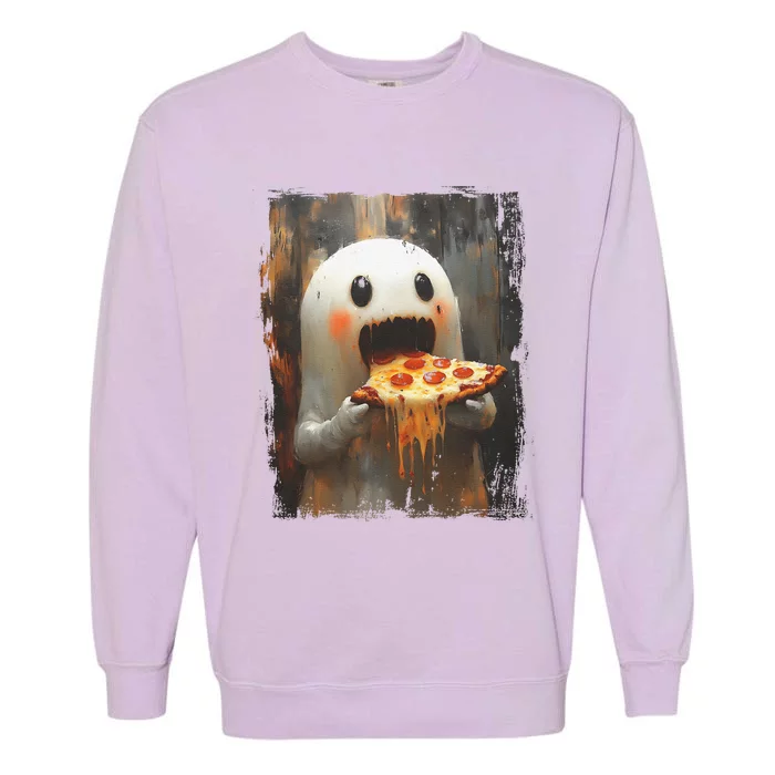 Cute Pizza Ghost Eating Pizza Funny Halloween Food Lovers Gift Garment-Dyed Sweatshirt