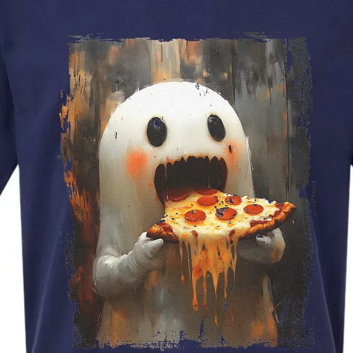 Cute Pizza Ghost Eating Pizza Funny Halloween Food Lovers Gift Sueded Cloud Jersey T-Shirt