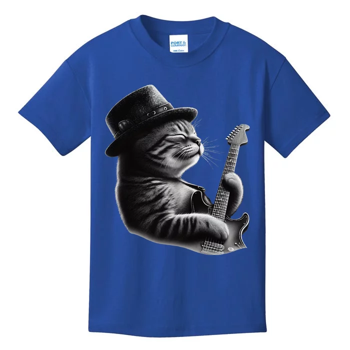 Cat Playing Guitar Funny Rock Music Guitar Cat Kids T-Shirt