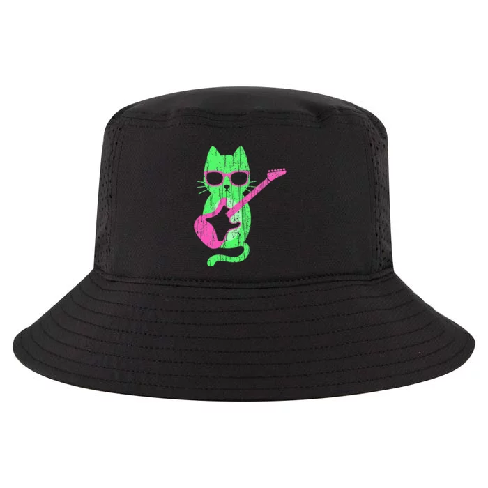 Cat Playing Guitar Cat Wearing Sunglasses 80's New Wave Cat Cool Comfort Performance Bucket Hat