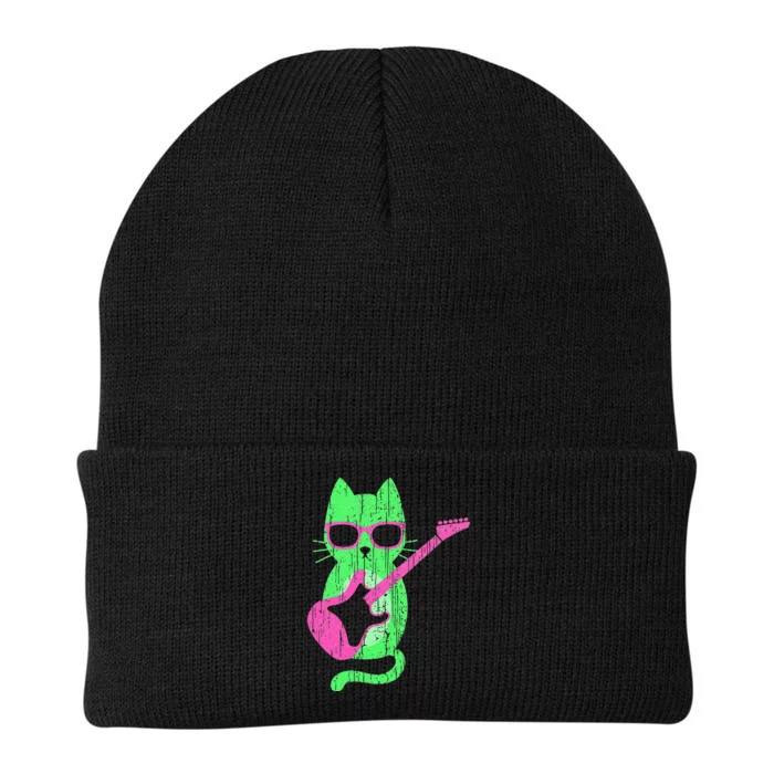 Cat Playing Guitar Cat Wearing Sunglasses 80's New Wave Cat Knit Cap Winter Beanie