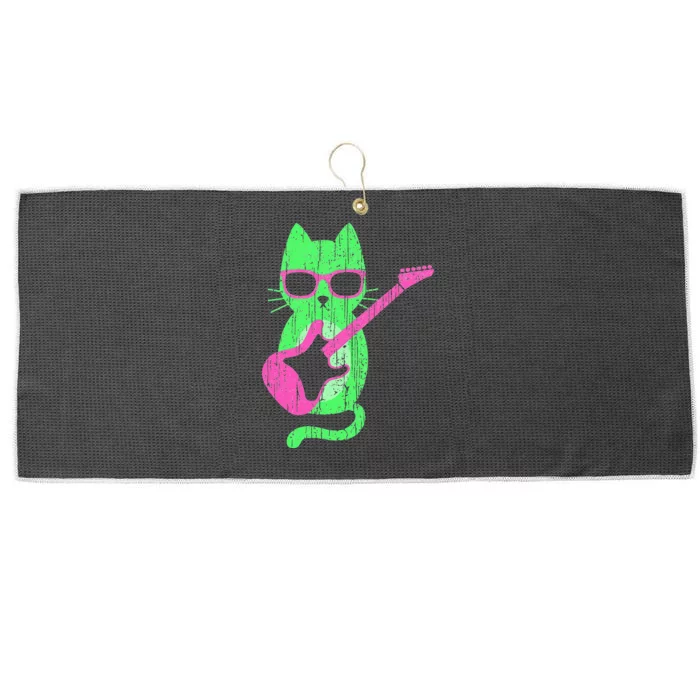 Cat Playing Guitar Cat Wearing Sunglasses 80's New Wave Cat Large Microfiber Waffle Golf Towel