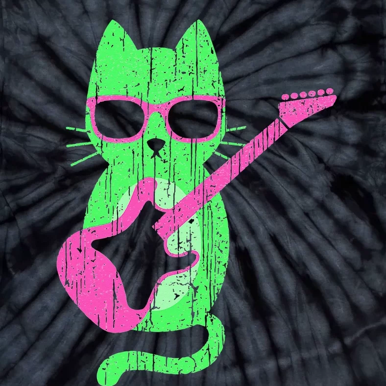 Cat Playing Guitar Cat Wearing Sunglasses 80's New Wave Cat Tie-Dye T-Shirt