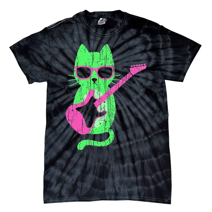 Cat Playing Guitar Cat Wearing Sunglasses 80's New Wave Cat Tie-Dye T-Shirt