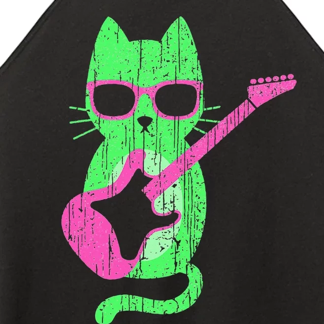 Cat Playing Guitar Cat Wearing Sunglasses 80's New Wave Cat Women’s Perfect Tri Rocker Tank