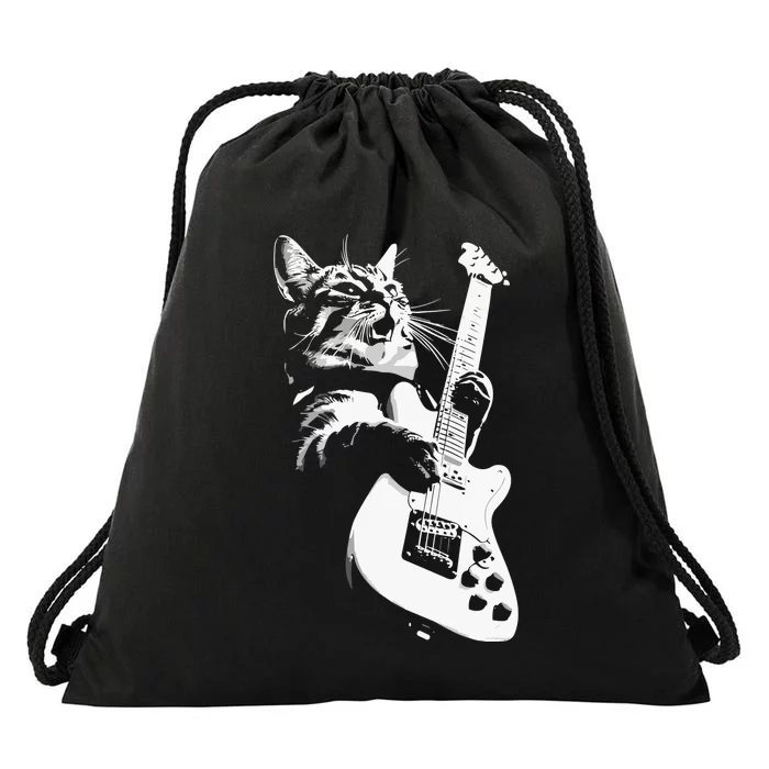 Cat Playing Guitar Drawstring Bag