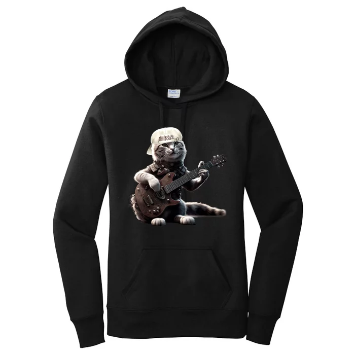 Cat Playing Guitar Funny Rock Music Gifts Women's Pullover Hoodie