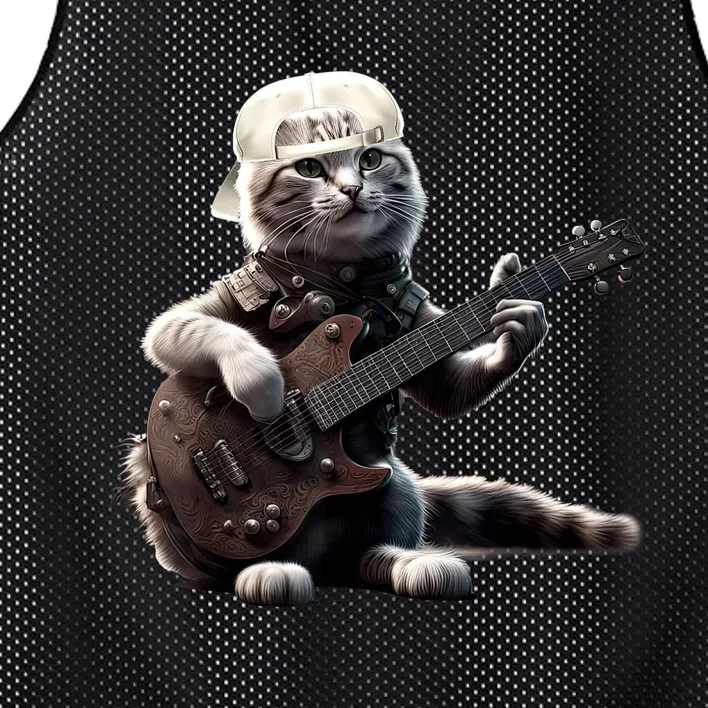 Cat Playing Guitar Funny Rock Music Gifts Mesh Reversible Basketball Jersey Tank