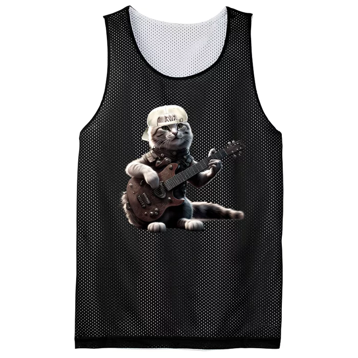 Cat Playing Guitar Funny Rock Music Gifts Mesh Reversible Basketball Jersey Tank