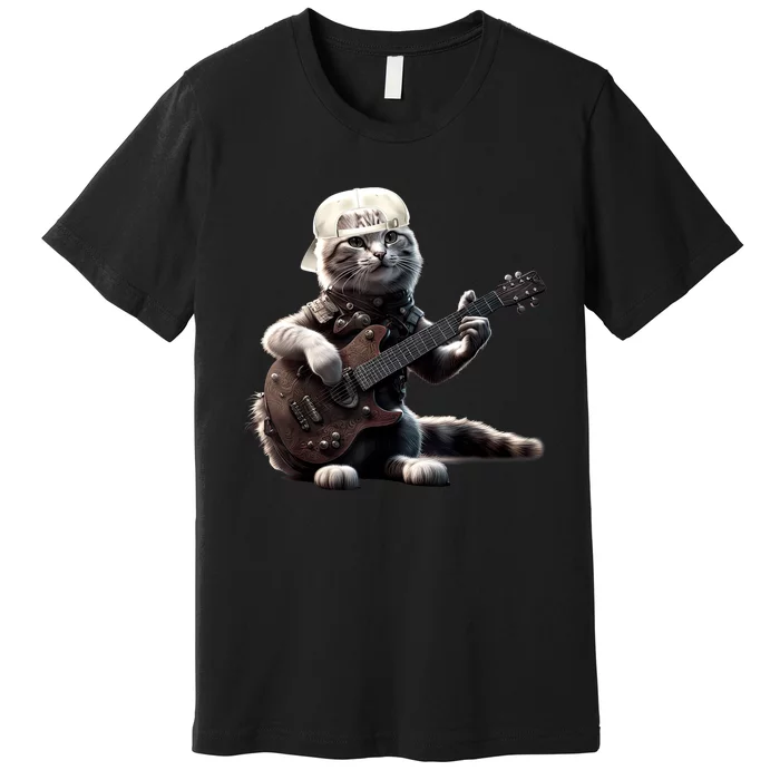 Cat Playing Guitar Funny Rock Music Gifts Premium T-Shirt