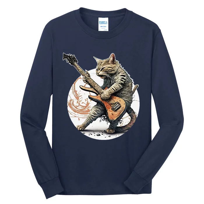 Cat Playing Guitar Rock Cat Heavy Metal Cat Music Cat Tall Long Sleeve T-Shirt