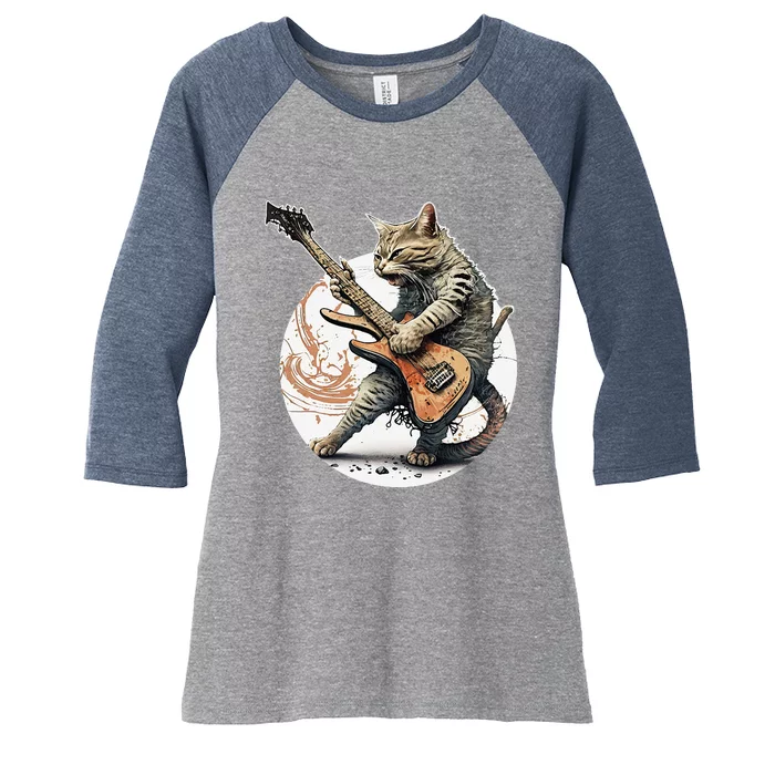 Cat Playing Guitar Rock Cat Heavy Metal Cat Music Cat Women's Tri-Blend 3/4-Sleeve Raglan Shirt