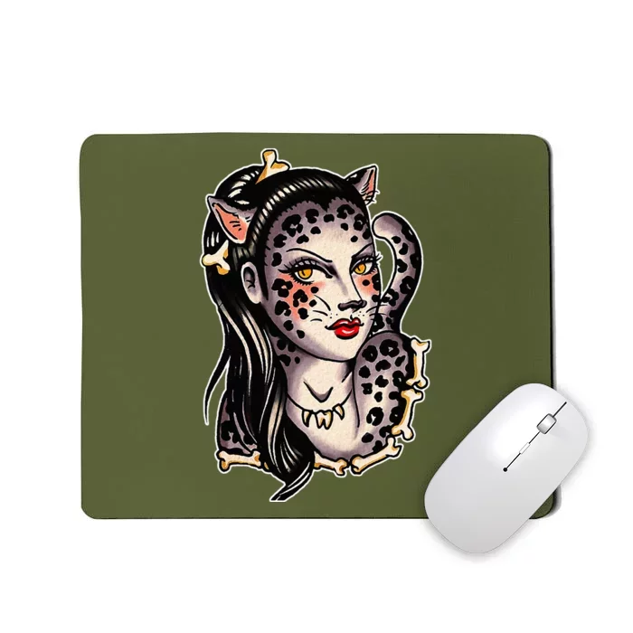 Cheetah Pretty Girl X Bones Traditional Tattoo Flash Mousepad