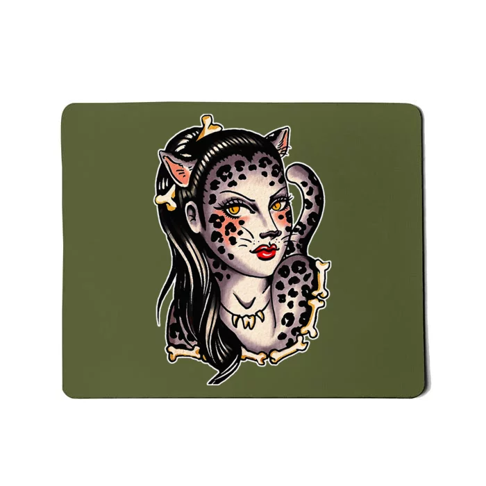 Cheetah Pretty Girl X Bones Traditional Tattoo Flash Mousepad