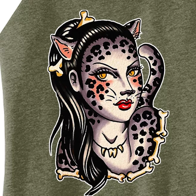 Cheetah Pretty Girl X Bones Traditional Tattoo Flash Women’s Perfect Tri Rocker Tank