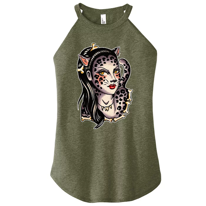 Cheetah Pretty Girl X Bones Traditional Tattoo Flash Women’s Perfect Tri Rocker Tank