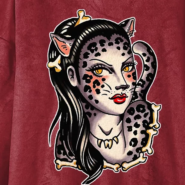 Cheetah Pretty Girl X Bones Traditional Tattoo Flash Hooded Wearable Blanket