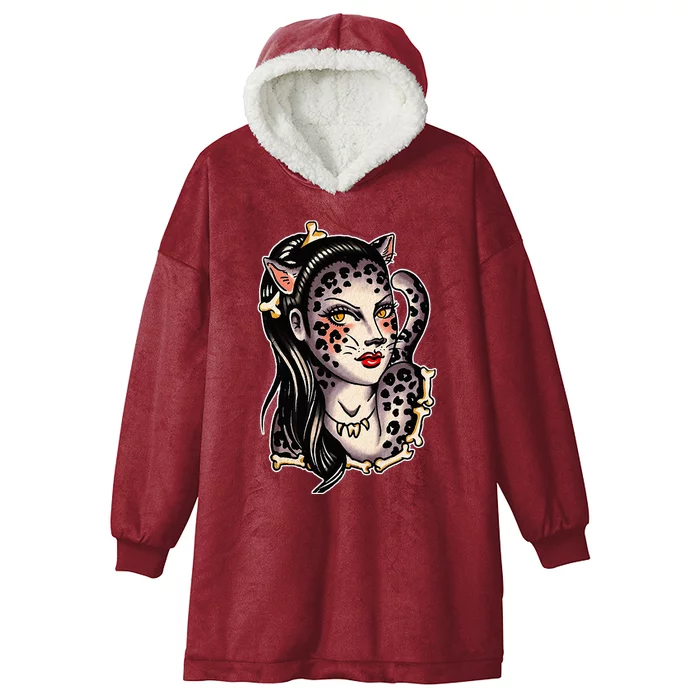 Cheetah Pretty Girl X Bones Traditional Tattoo Flash Hooded Wearable Blanket