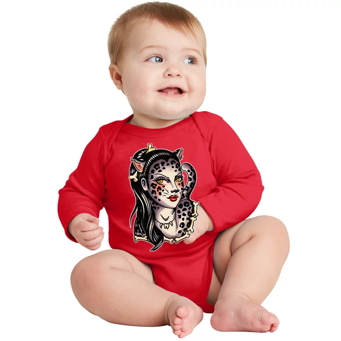 Cheetah Pretty Girl X Bones Traditional Tattoo Flash Baby Long Sleeve Bodysuit