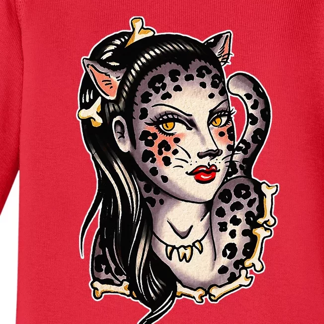 Cheetah Pretty Girl X Bones Traditional Tattoo Flash Baby Long Sleeve Bodysuit