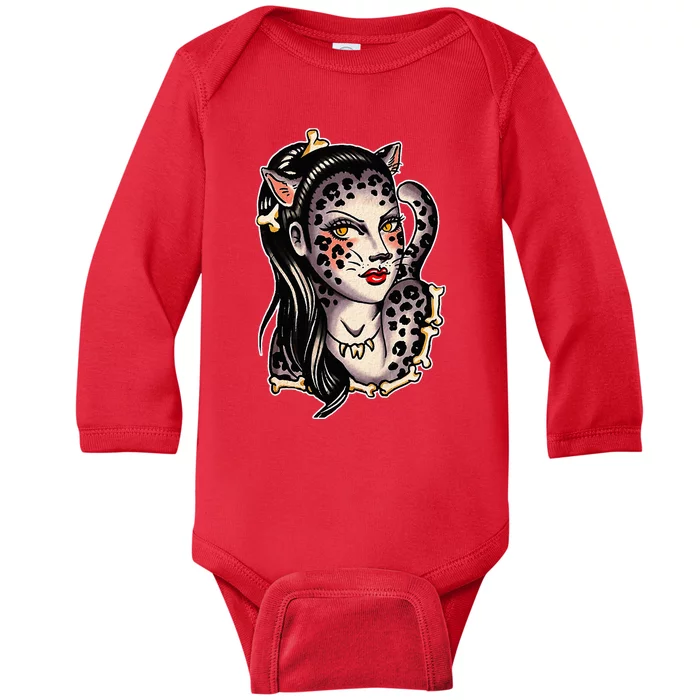 Cheetah Pretty Girl X Bones Traditional Tattoo Flash Baby Long Sleeve Bodysuit