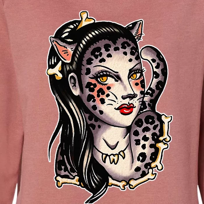 Cheetah Pretty Girl X Bones Traditional Tattoo Flash Womens California Wash Sweatshirt