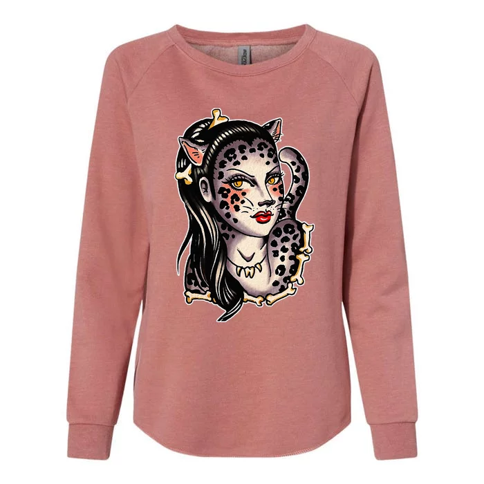 Cheetah Pretty Girl X Bones Traditional Tattoo Flash Womens California Wash Sweatshirt