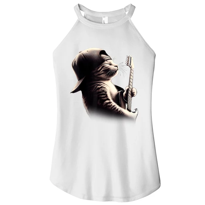 Cat Playing Guitar Funny Rock Music Guitar Cat Women’s Perfect Tri Rocker Tank