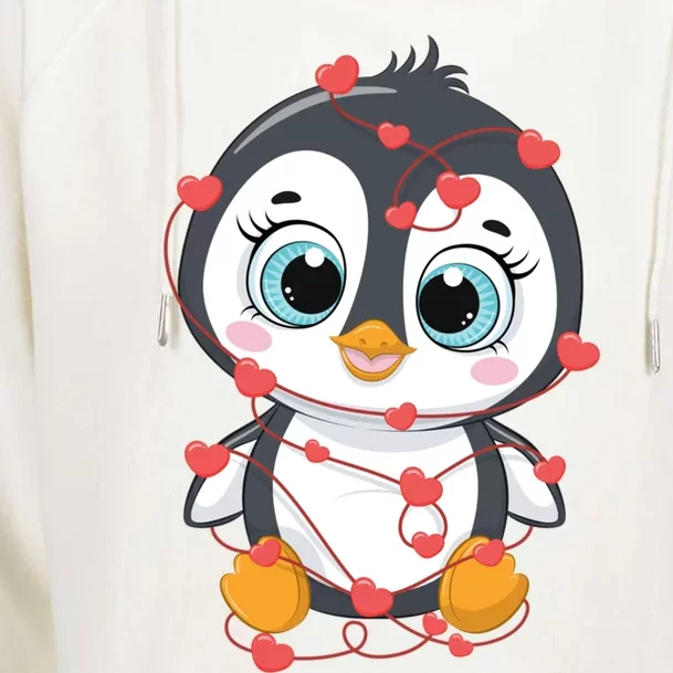 Cute Penguin Garland Hearts Valentine's Day Animals Lover Meaningful Gift Womens Funnel Neck Pullover Hood