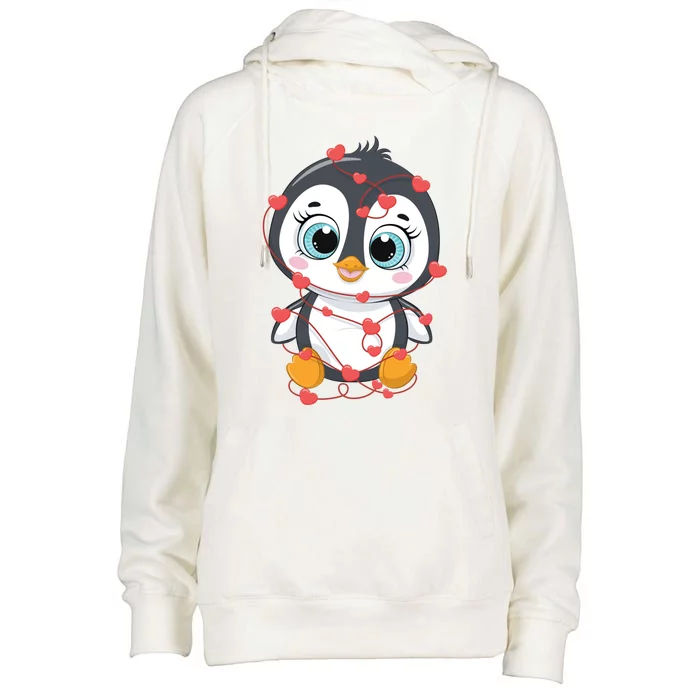 Cute Penguin Garland Hearts Valentine's Day Animals Lover Meaningful Gift Womens Funnel Neck Pullover Hood