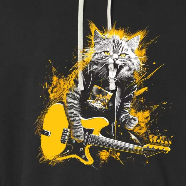 Cat Playing Guitar Kitten Plays Guitarist Rockstar Garment-Dyed Fleece Hoodie