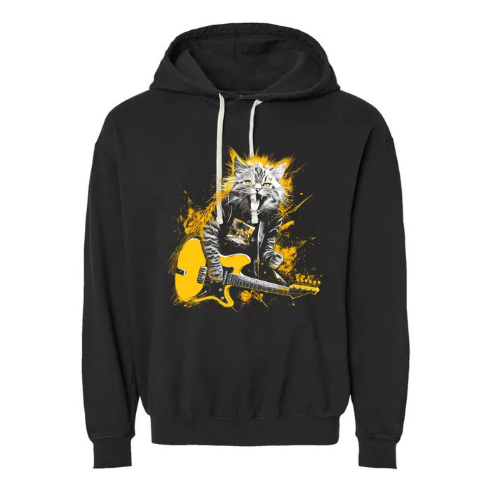 Cat Playing Guitar Kitten Plays Guitarist Rockstar Garment-Dyed Fleece Hoodie